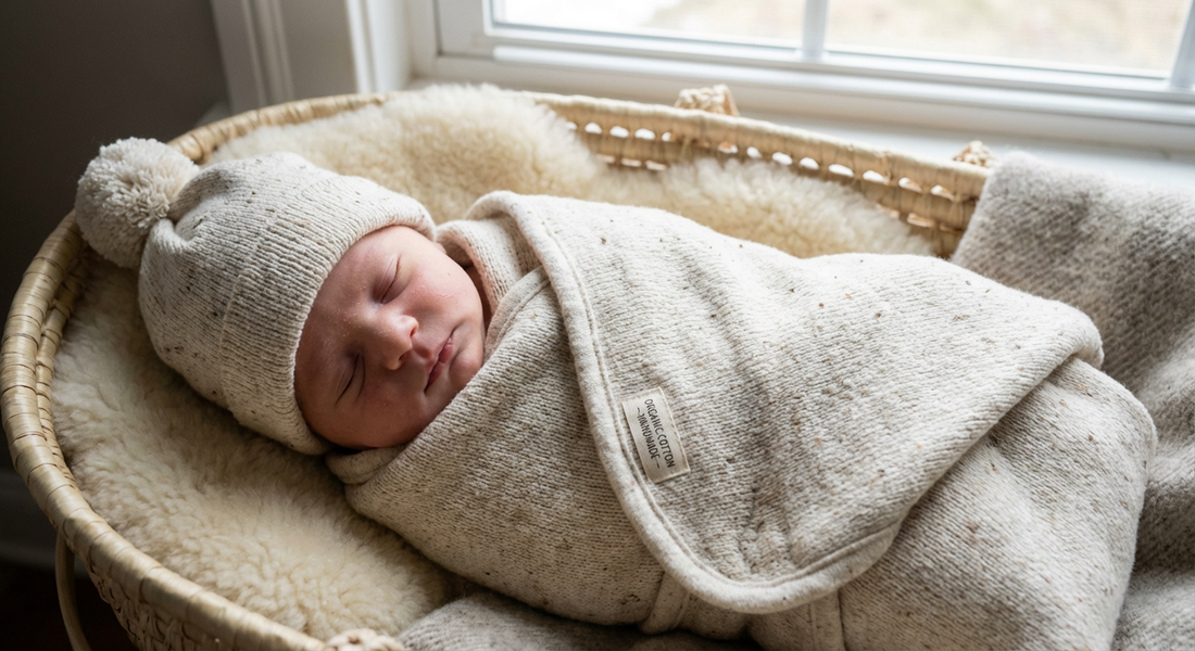 "Cozy newborn wrapped in knit swaddle for winter warmth"