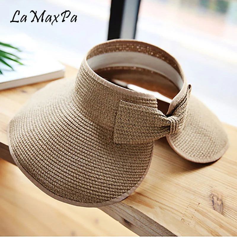 Women's Foldable Straw Visor - Wide Brim Beach Sun Hat