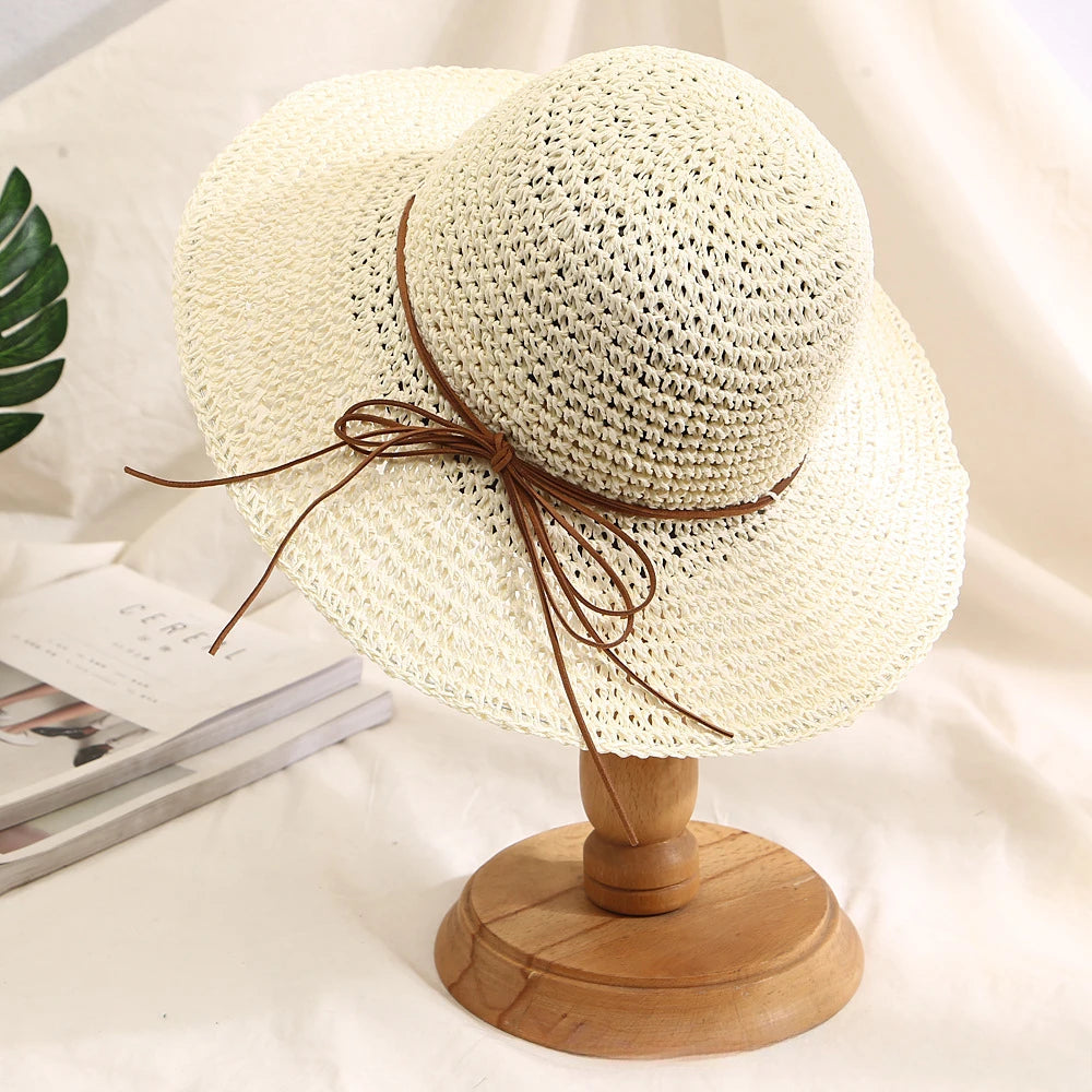 Women's Bow Straw Sun Hat - Wide Brim Beach Panama Hat