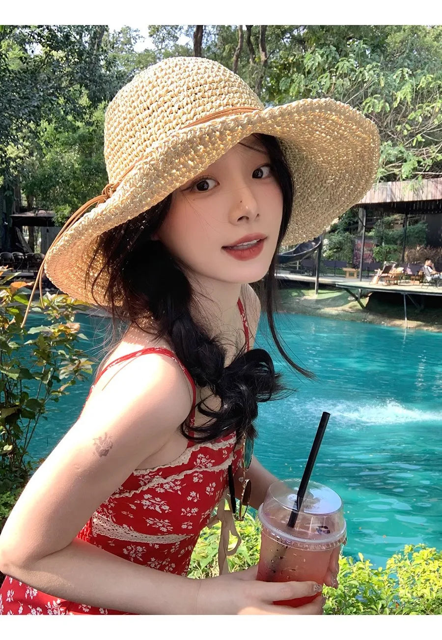 Women's Bow Straw Sun Hat - Wide Brim Beach Panama Hat