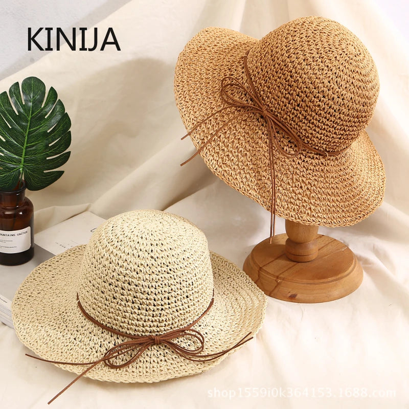 Women's Bow Straw Sun Hat - Wide Brim Beach Panama Hat