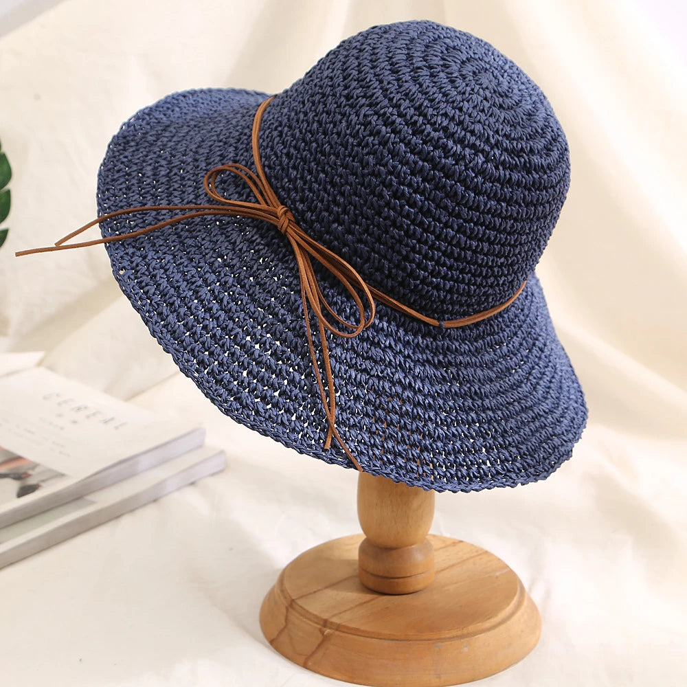Women's Bow Straw Sun Hat - Wide Brim Beach Panama Hat