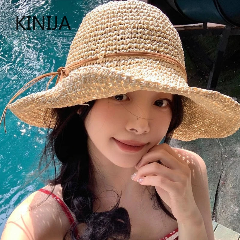 Women's Bow Straw Sun Hat - Wide Brim Beach Panama Hat