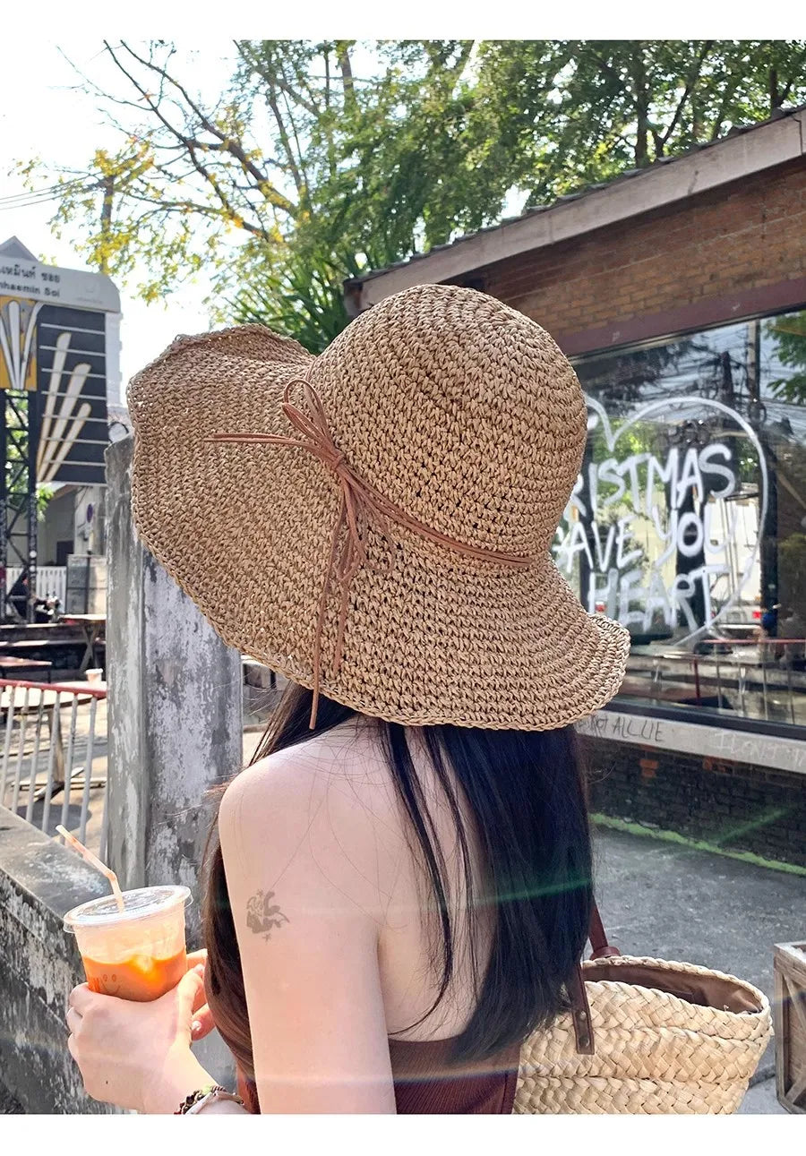 Women's Bow Straw Sun Hat - Wide Brim Beach Panama Hat