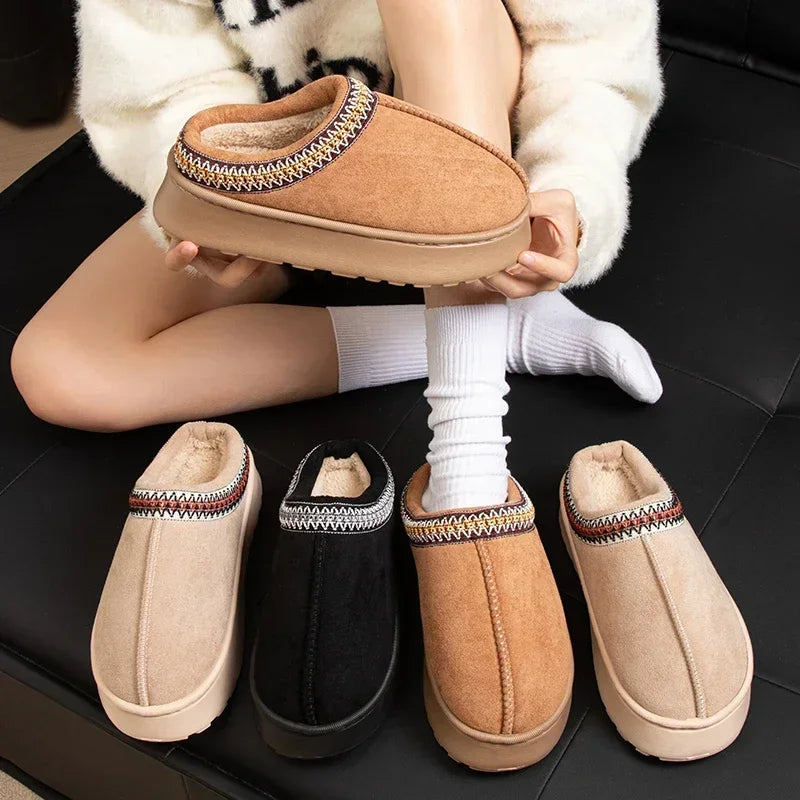 Women's Embroidered Plush Slippers - Indoor/Outdoor