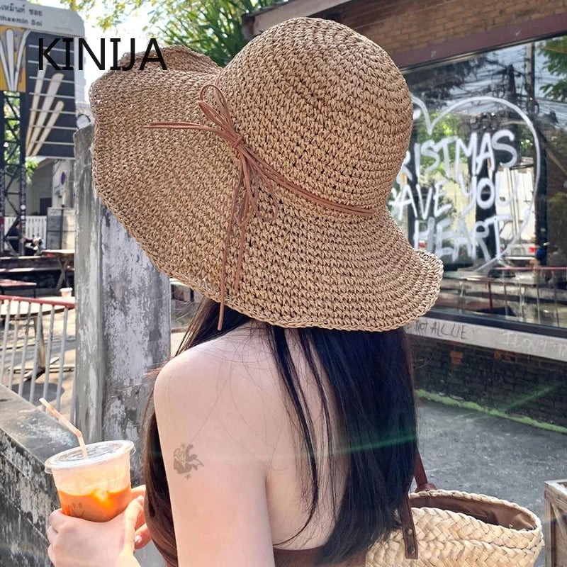 Women's Bow Straw Sun Hat - Wide Brim Beach Panama Hat