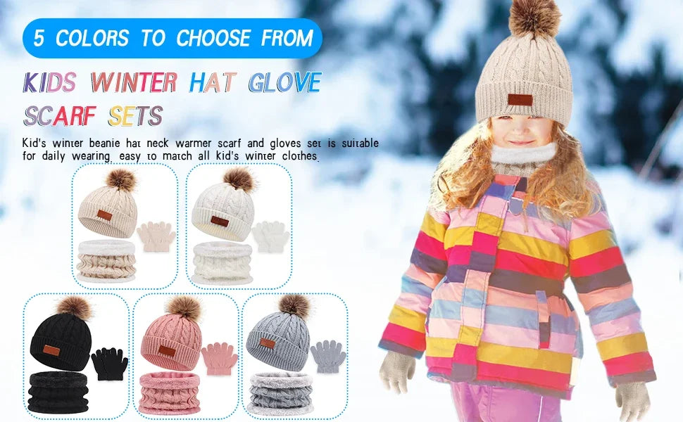 Kids Winter Hat, Scarf and Mittens Set | Fleece Lined Beanie & Snood (1-6 Years)