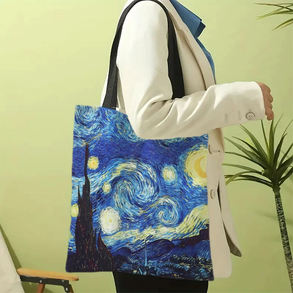 Van Gogh Art Collection Linen Shoulder Bag - Starry Night & Sunflower Design