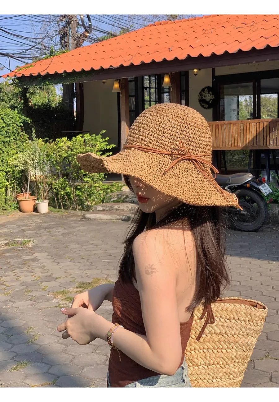 Women's Bow Straw Sun Hat - Wide Brim Beach Panama Hat