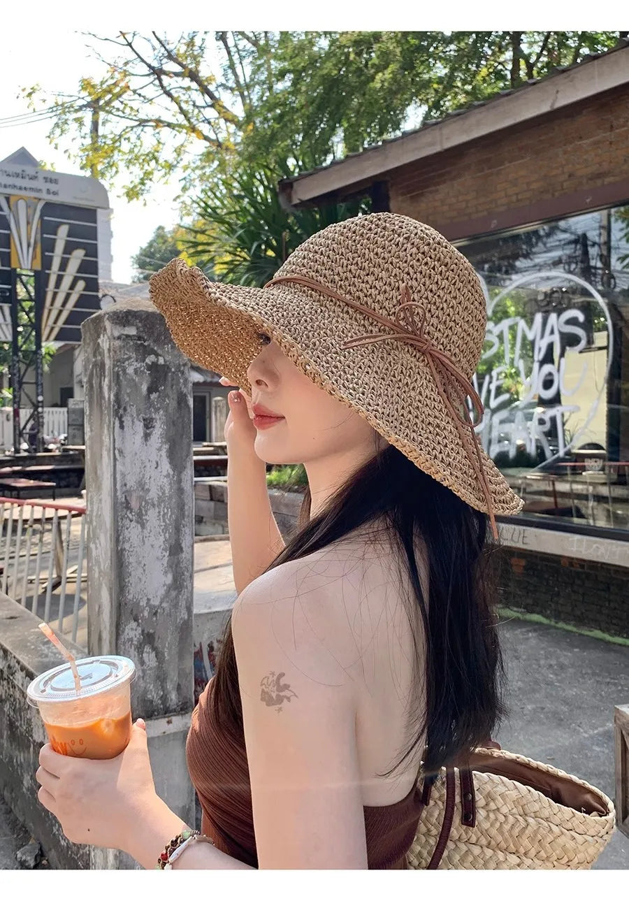 Women's Bow Straw Sun Hat - Wide Brim Beach Panama Hat