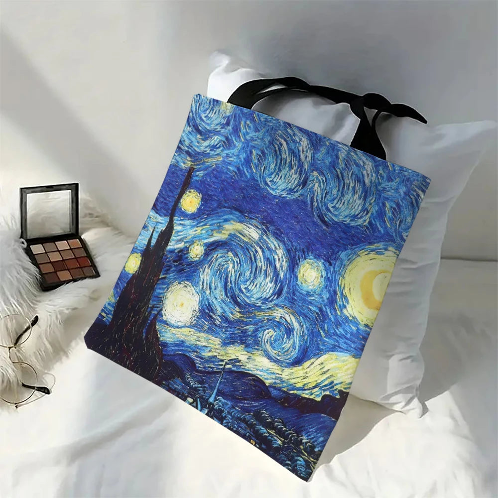 Van Gogh Art Collection Linen Shoulder Bag - Starry Night & Sunflower Design