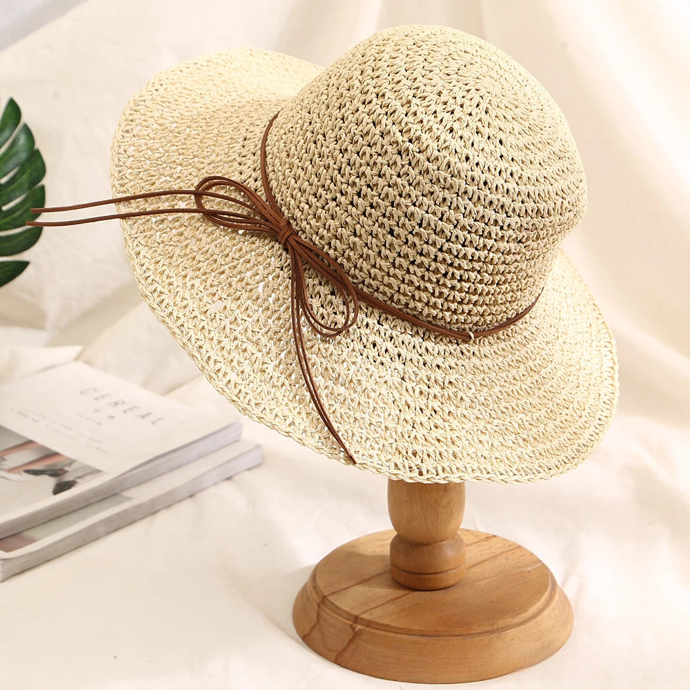 Women's Bow Straw Sun Hat - Wide Brim Beach Panama Hat