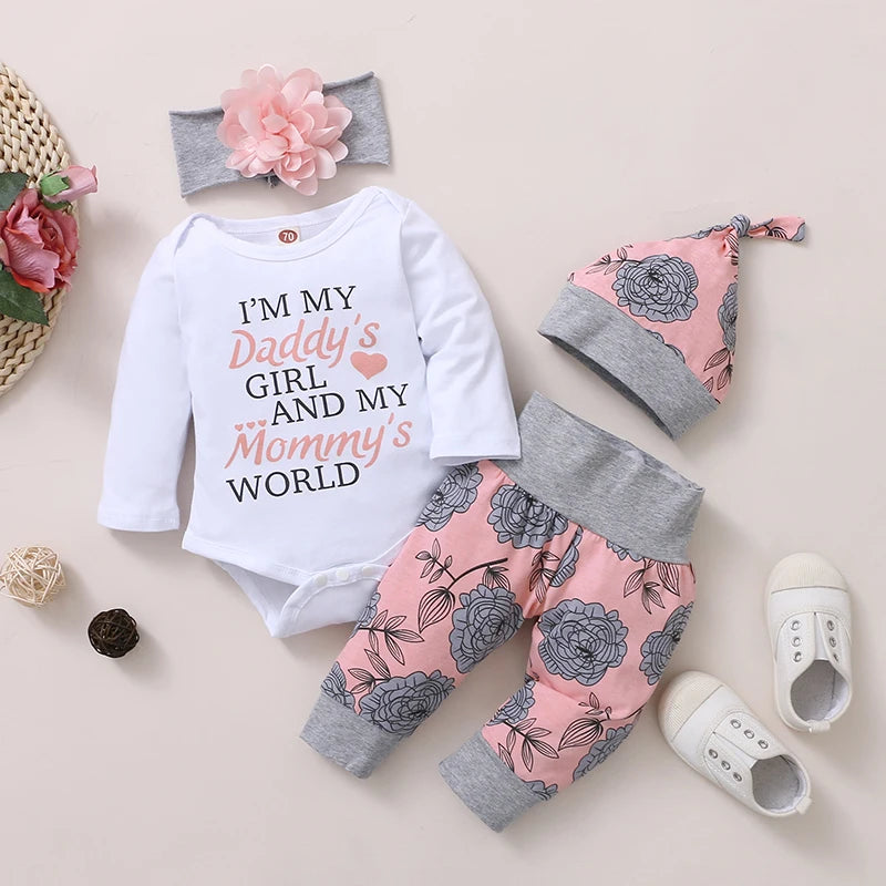 Baby Girl 4-Piece Rose Outfit Set with Romper & Hat
