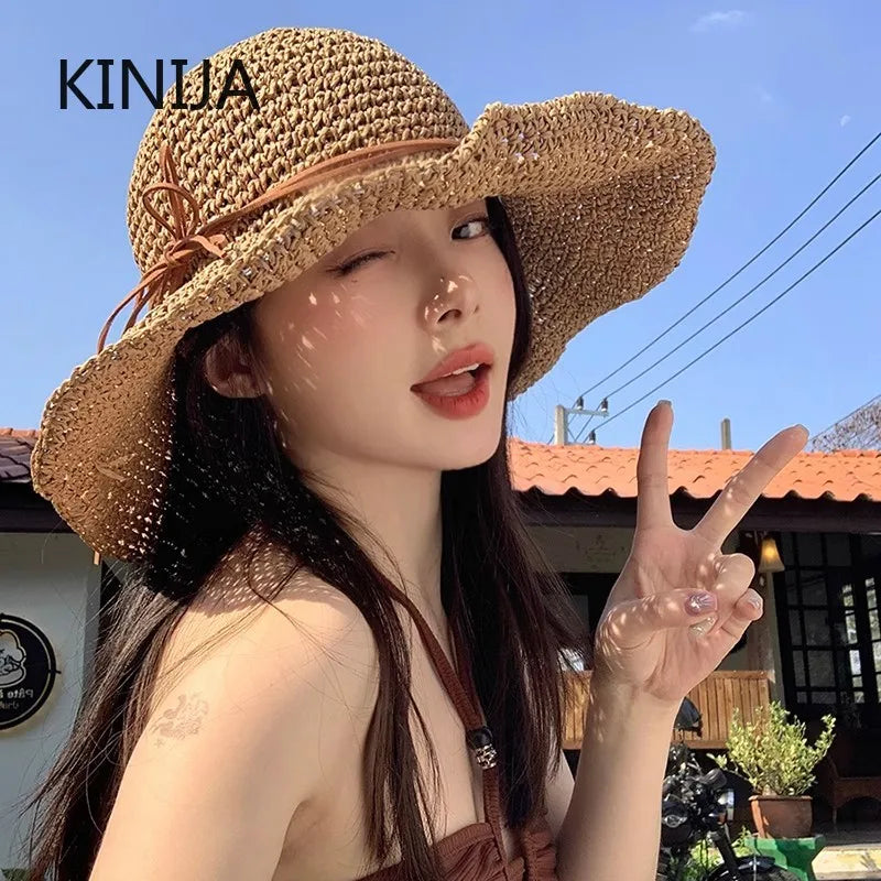 Women's Bow Straw Sun Hat - Wide Brim Beach Panama Hat