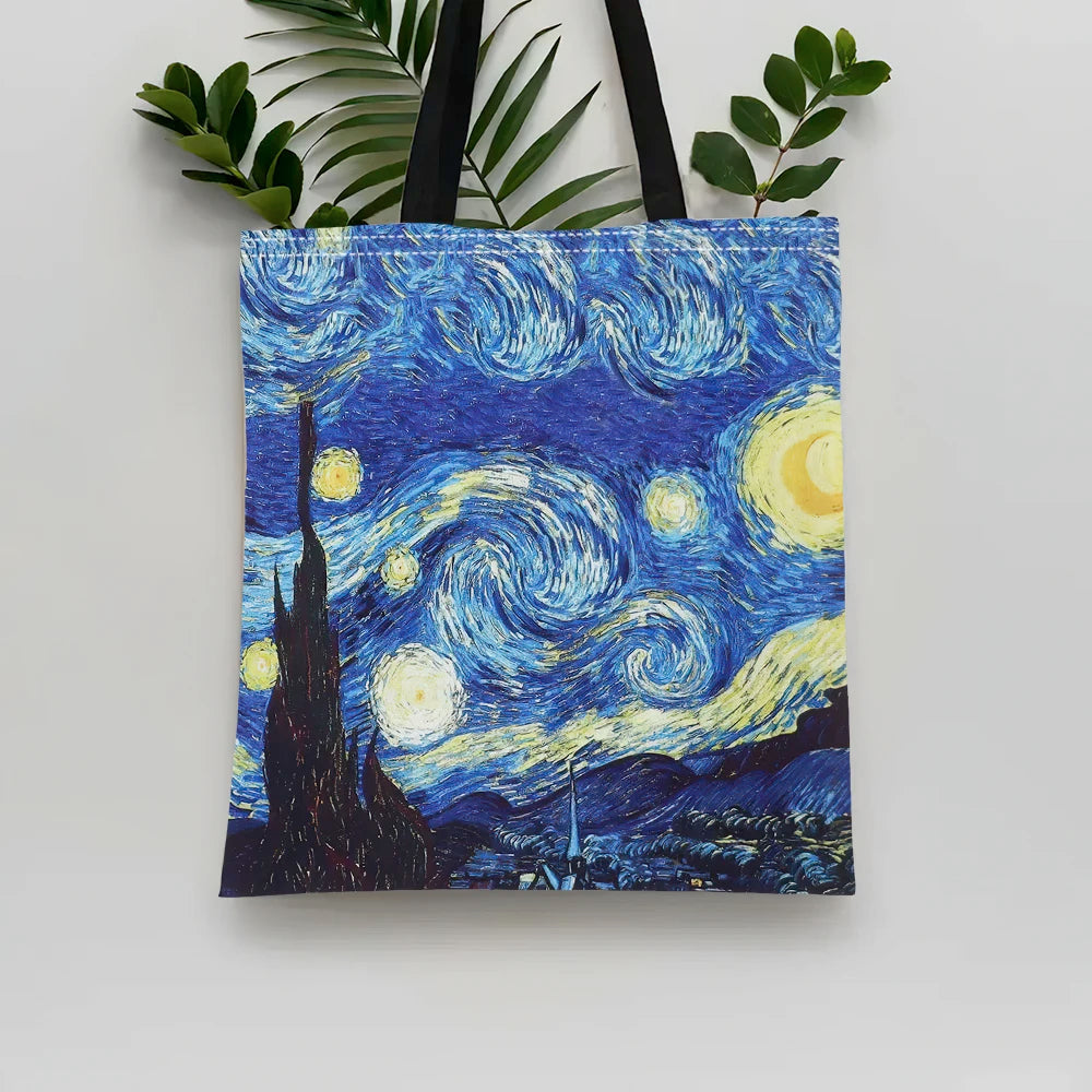Van Gogh Art Collection Linen Shoulder Bag - Starry Night & Sunflower Design