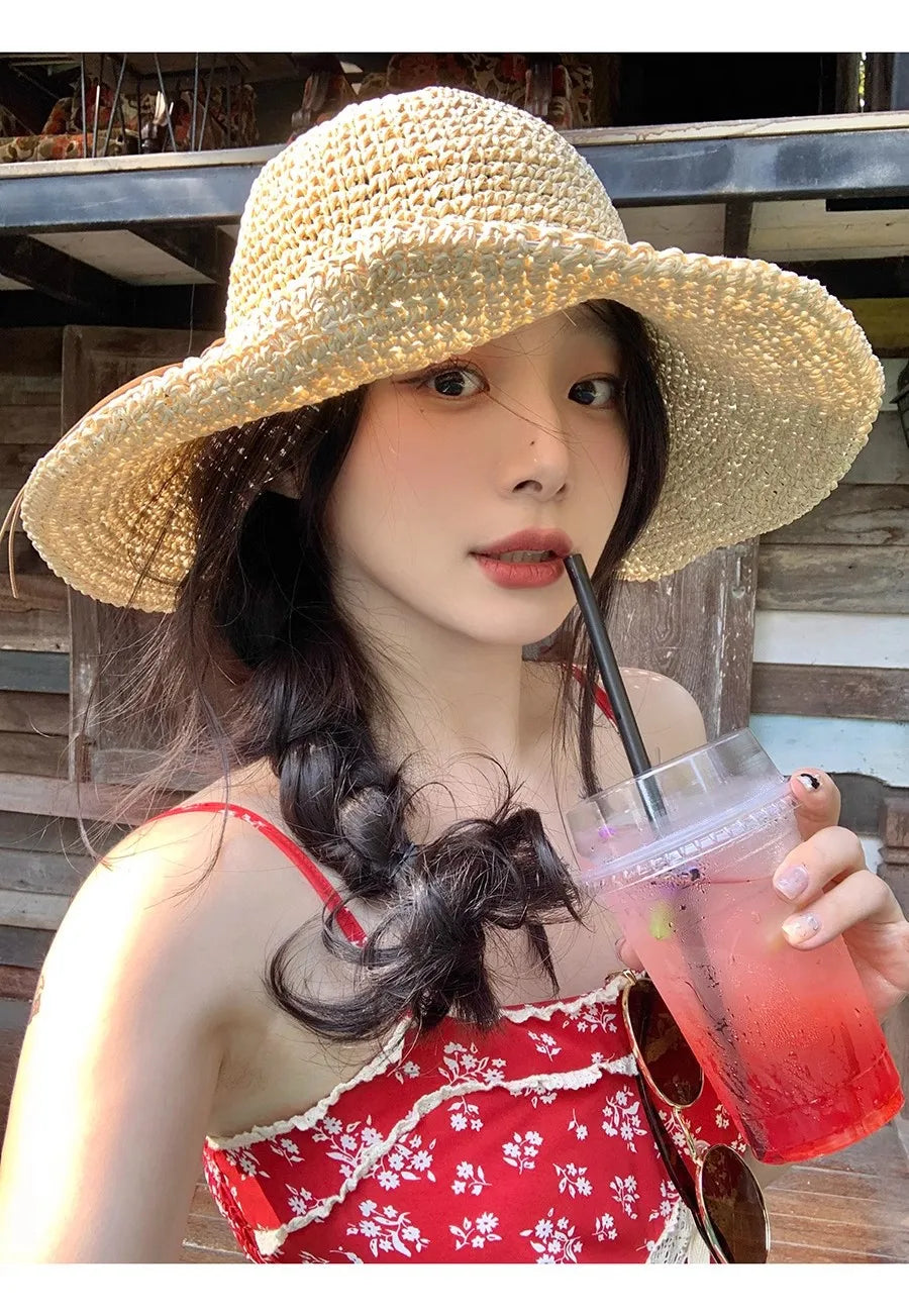 Women's Bow Straw Sun Hat - Wide Brim Beach Panama Hat