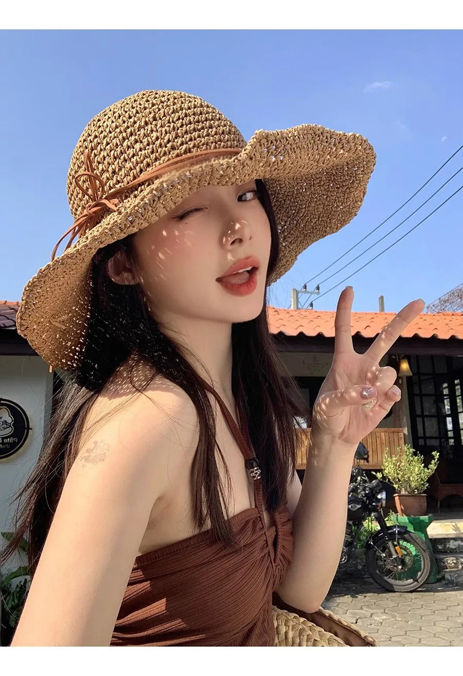 Women's Bow Straw Sun Hat - Wide Brim Beach Panama Hat