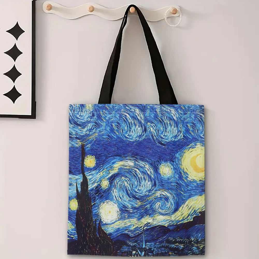 Van Gogh Art Collection Linen Shoulder Bag - Starry Night & Sunflower Design