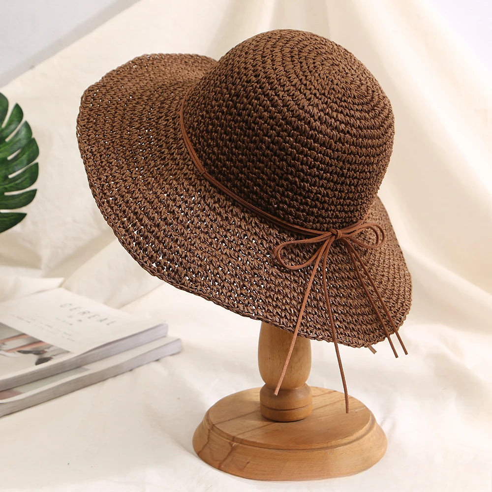 Women's Bow Straw Sun Hat - Wide Brim Beach Panama Hat