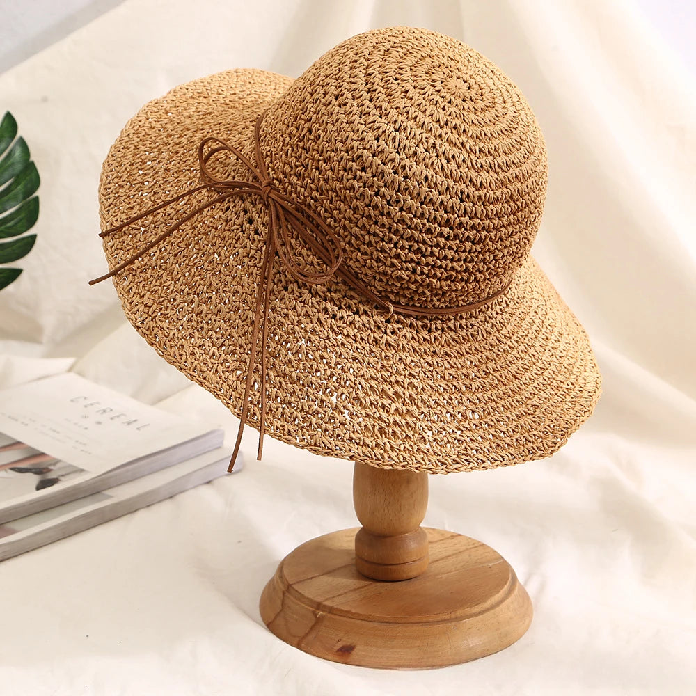 Women's Bow Straw Sun Hat - Wide Brim Beach Panama Hat