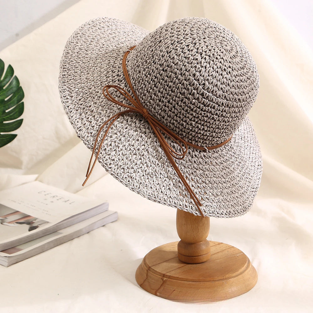 Women's Bow Straw Sun Hat - Wide Brim Beach Panama Hat