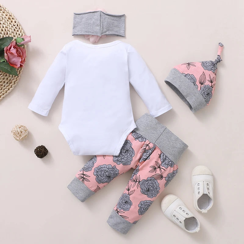 Baby Girl 4-Piece Rose Outfit Set with Romper & Hat