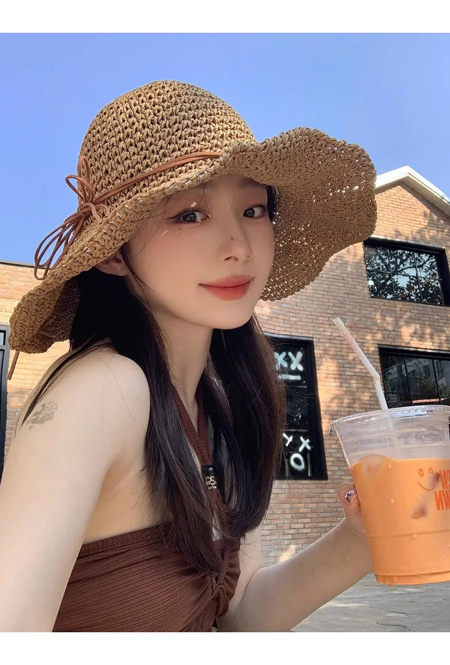 Women's Bow Straw Sun Hat - Wide Brim Beach Panama Hat